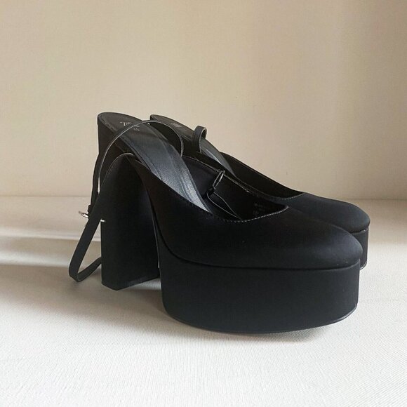 NWT Black Chunky Platform Nylon Ankle Wrap Closure heels 40 - Picture 2 of 11
